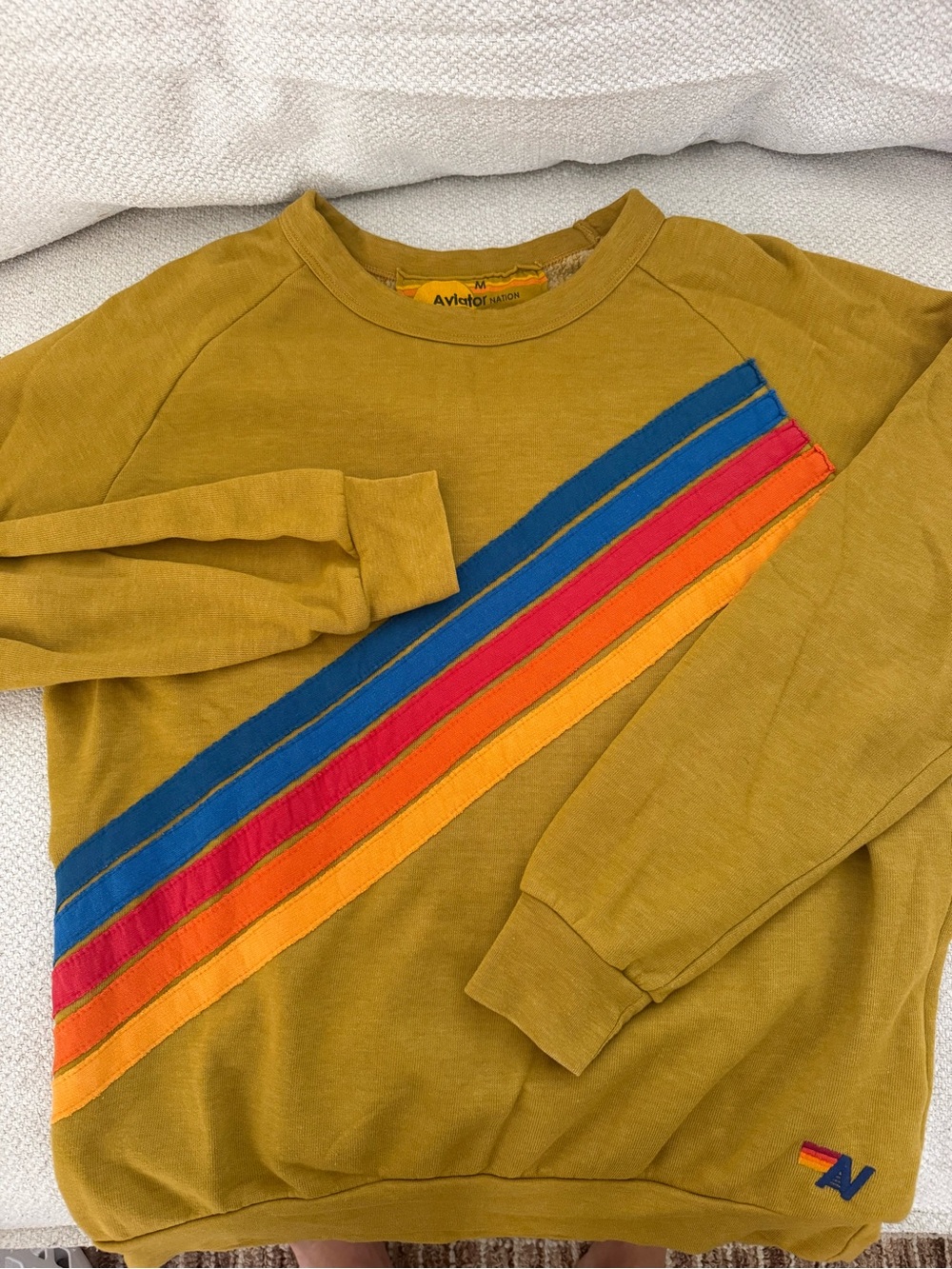 Aviator Nation honey Crewneck with Blue, Red and Orange Stripe